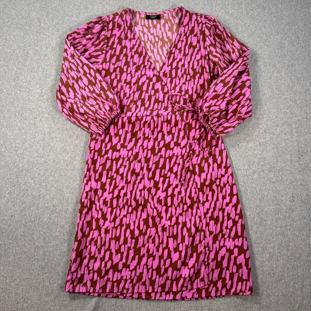 Vici Wrap Mini Dress Women's Small Purple Abstract Print 3/4 Sleeve V-Neck